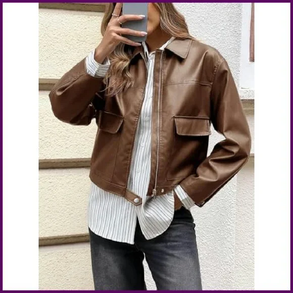 Faux Leather Bomber Jacket Cropped Lapel Moto Coat Zip Up Pockets